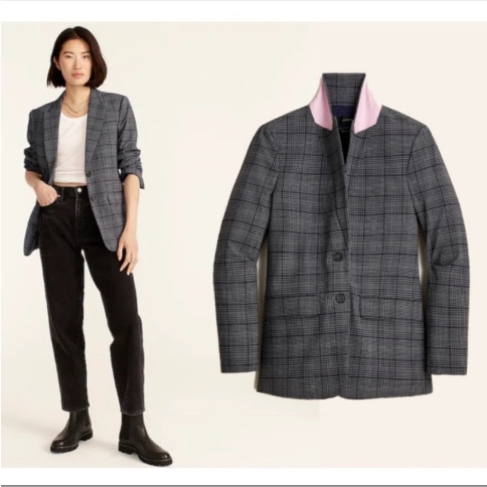 J. Crew Gray Plaid Blazer with Pink Collar